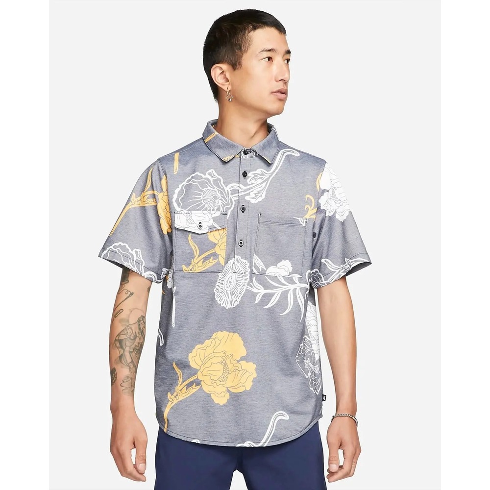 NIKE Mens XL Gray Yellow Floral Print SB Short Sleeve Skateboarding Shirt V15